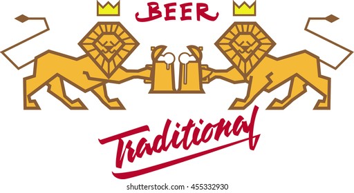 Two lion heraldic, contains the images of beer mug. Etching style lettering and composition. The color can be different.
