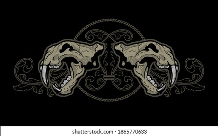 Two lion skulls on a background of vintage patterns.