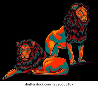 two lion. Vector illustration isolated on black background