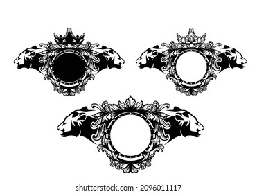 two lioness heads and antique style calligraphic floral ornament forming round copy space blank frame with royal crown -  black and white vintage vector circle decorative design set
