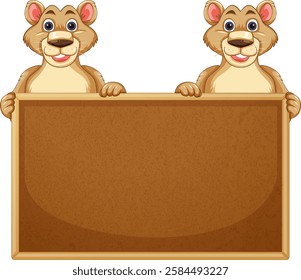 Two lions holding a blank wooden sign