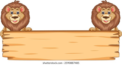 Two lions holding a blank wooden sign