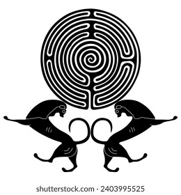 Two lions holding a round spiral maze or labyrinth symbol. Ancient Greek vase painting style. Black and white silhouette.