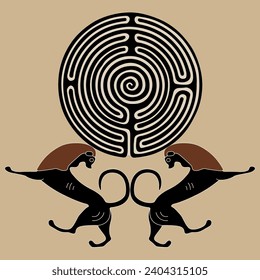 Two lions holding a round spiral maze or labyrinth symbol. Ancient Greek vase painting style.