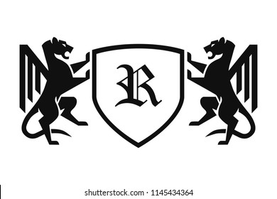 Two Lions Holding Shield with Crown and Banner