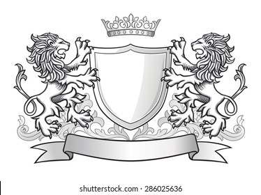Two Lions Holding Shield with Crown and Banner