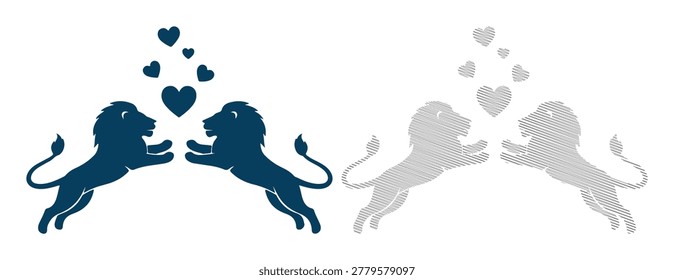 Two lions jump towards each other with flying hearts, symbolizing love and affection.