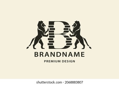 Two lions. Letter B. Antique Design. Creative Black Logo with Royal Character. Animal Silhouettes. Stylish Template for Brand Name, Boutique, Business Cards, Printing on Clothing. Vector Illustration