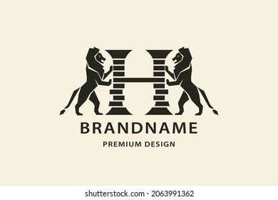 Two lions. Letter H. Antique Design. Creative Black Logo with Royal Character. Animal Silhouettes. Stylish Template for Brand Name, Boutique, Business Cards, Printing on Clothing. Vector Illustration