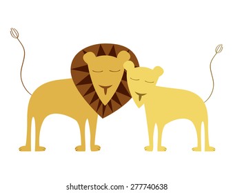 Two lions in love cuddling with each other in flat style in vector
