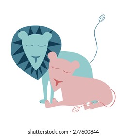 Two lions in love hugging each other in flat style in vector