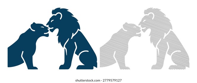 Two lions in a love relationship, facing each other, looking with care and attention.