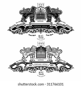two lions opposite each other on the ribbon with leaves pattern silhouette on white