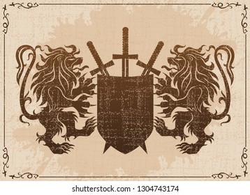 Two lions with shield and swords on parchment.