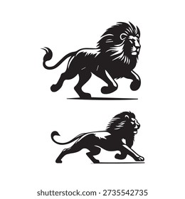 Two lions silhouette, running side profile, powerful majestic predators, hunting wild cats, aggressive strength, nature, wildlife.