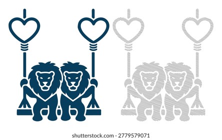 Two lions sitting on swing, hearts hanging above, playful fun, dark blue, black lines.