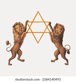 Two lions stand upright, holding a large Star of David. The lions, with detailed manes, are symmetrically positioned, emphasizing strength and unity. Vintage art illustration, vector.