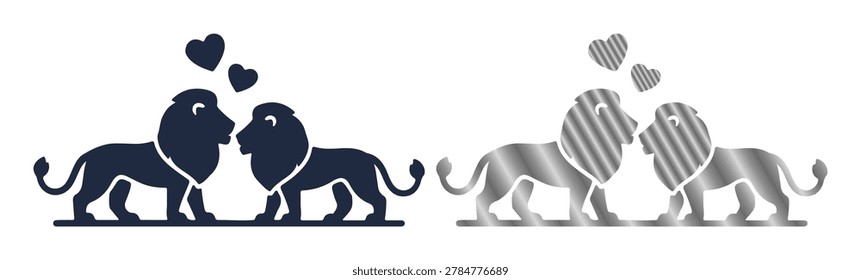 Two lions standing together silhouette with heart icons creative romance animal vector art.