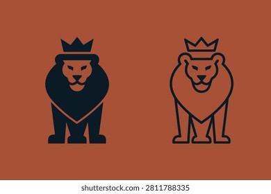Two lions wearing crowns standing on orangebrown background