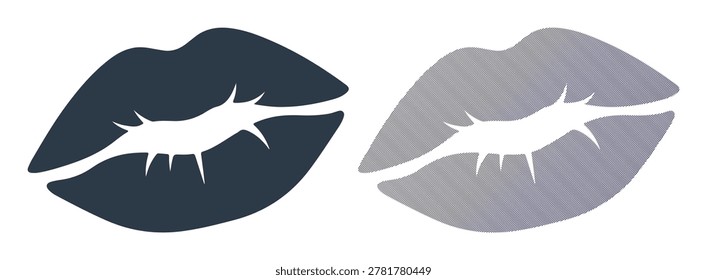 Two lips icons, one solid, one textured. Represents kiss and love.
