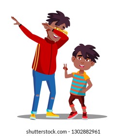 Two Little Afro American Boys With Dreadlocks Dancing To Music Vector. Isolated Illustration