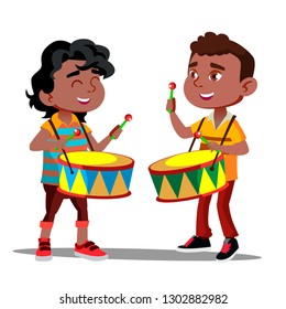 Two Little Afro American Boys Beating The Drums And Dancing Vector. Isolated Illustration