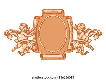 Two little angel with a vertical parchment. In three colors on white background