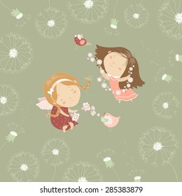 Two little angels with flowers. Vector greeting card