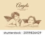 Two little angels from a painting by Raphael Santi. Italian Renaissance. Vintage brown and beige card, hand-drawn, vector. Old design. Line graphics. Child portraits.