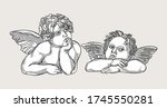 
Two little angels with paintings by Raphael Sistine Madonna, vector illustration