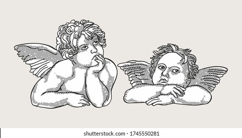 
Two little angels with paintings by Raphael Sistine Madonna, vector illustration