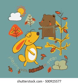 Two little animals are playing in the forest / Editable vector artwork design for kids and babies / T-shirt graphics / cute cartoon characters / cute graphics for kids / textile graphic