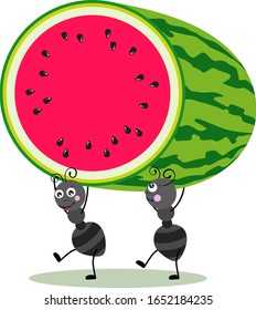 Two little ants carrying a cut watermelon
