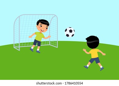 Dos niños pequeños asiáticos juegan fútbol. Los niños juegan al aire libre. El concepto de vacaciones de verano, actividades deportivas Ilustración vectorial plana. Caricatura aislada sobre fondo blanco.