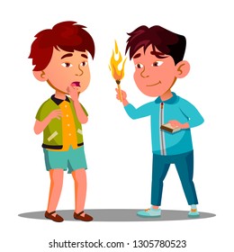 Two Little Asian Boys Playing With Matches Vector. Isolated Illustration