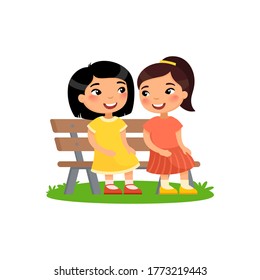 Two little asian girls are sitting on bench. Girlfriends are talking. The concept of friendship and secrets. Children cartoon characters isolated on white background.