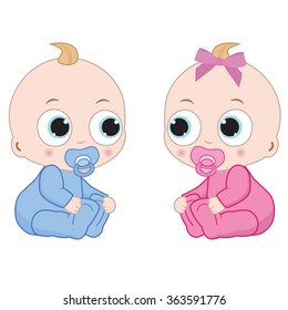 Two little babies sitting on the floor. Boy and girl.