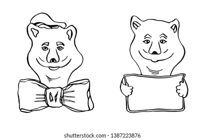 Two Little bear a big white bow and white sign. Hand drawn vector