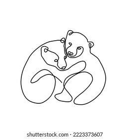 Two little bear hugging ,one line drawing 