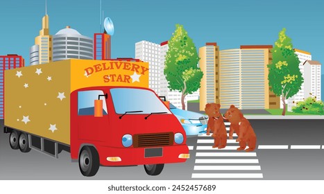 Two little bears entered the city and created a dangerous situation in the street traffic. Vector illustration.