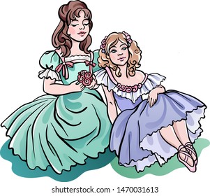 Two little beautiful ballerina dancer girls sit on the grass. Two figures. Fantasy dresses and dance shoes. Bouquet of roses. Classic ballet costume design. Dance studio. Vector illustration.
