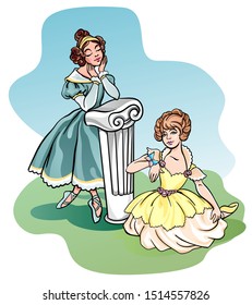 Two little beautiful ballerina dancer girls sit on the grass and stay near ancient column. Fantasy 
princess dresses and pointe shoes. Classic ballet costume design. Vector stock illustration.

