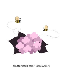 two little bees circling over pink flowers and leaves