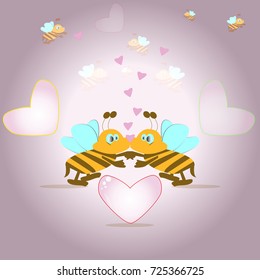 Two little bees kiss each other on the heart-shaped backdrop and other bees ,  Vector abstract background graphic design.