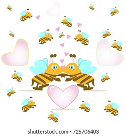Two little bees kiss each other on the heart-shaped backdrop and other bees ,  Vector abstract background graphic design.