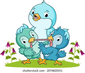 The two little bird scramble the worm of illustration