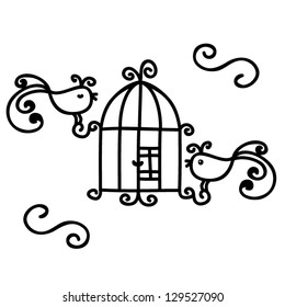 Two little birds with a cage vector illustration