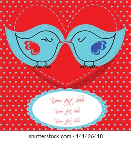 Two little birds in love on polka dot red and blue background with labels