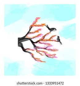 Two little birds on a cherry branch type ink in vector and watercolor. Vector illustration