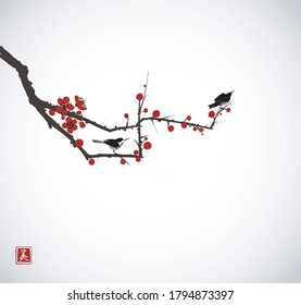 Two little birds on sakura branch. Traditional oriental ink painting sumi-e, u-sin, go-hua. Translation of hieroglyph - beauty